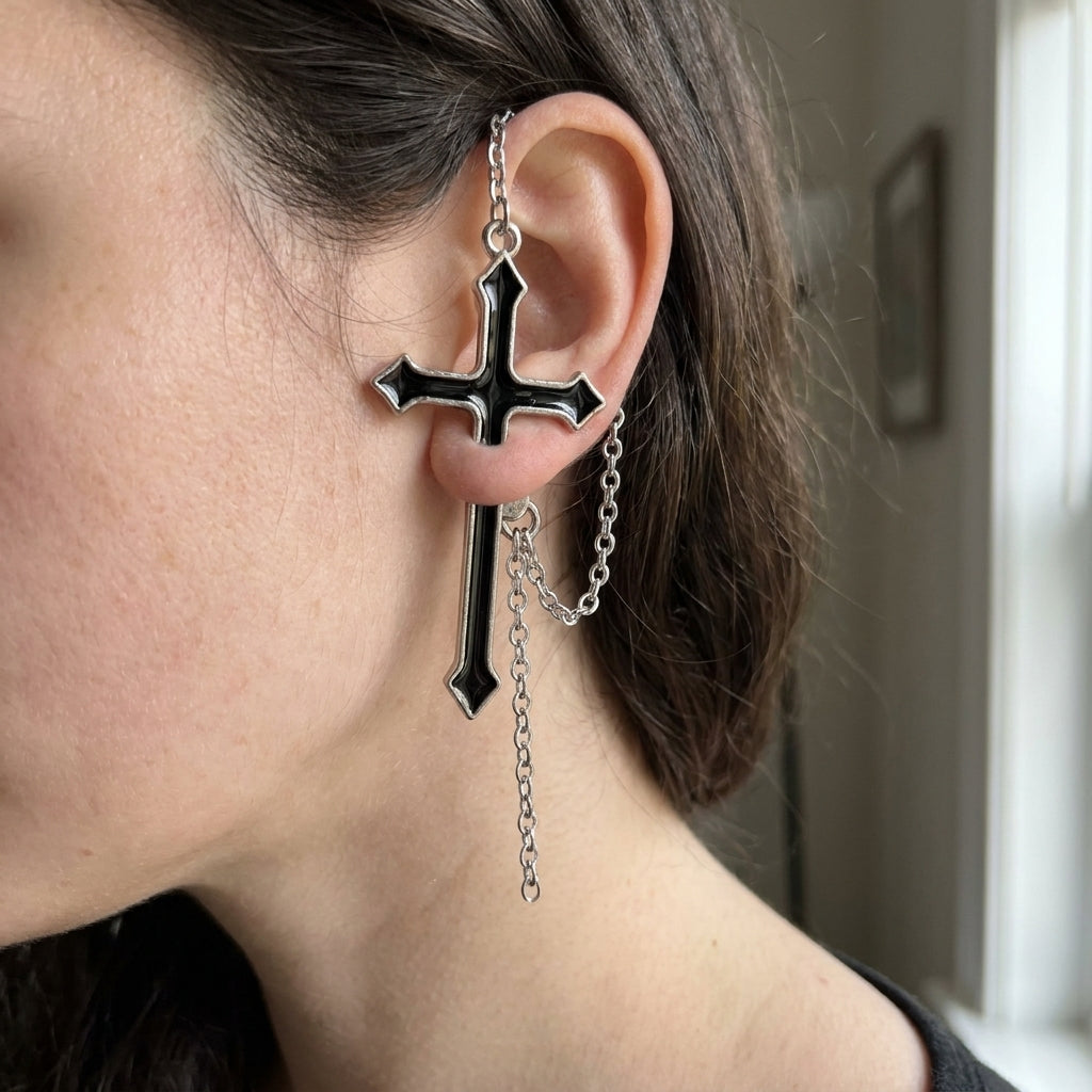 Black Enamel Cross & Dagger Chain Earring