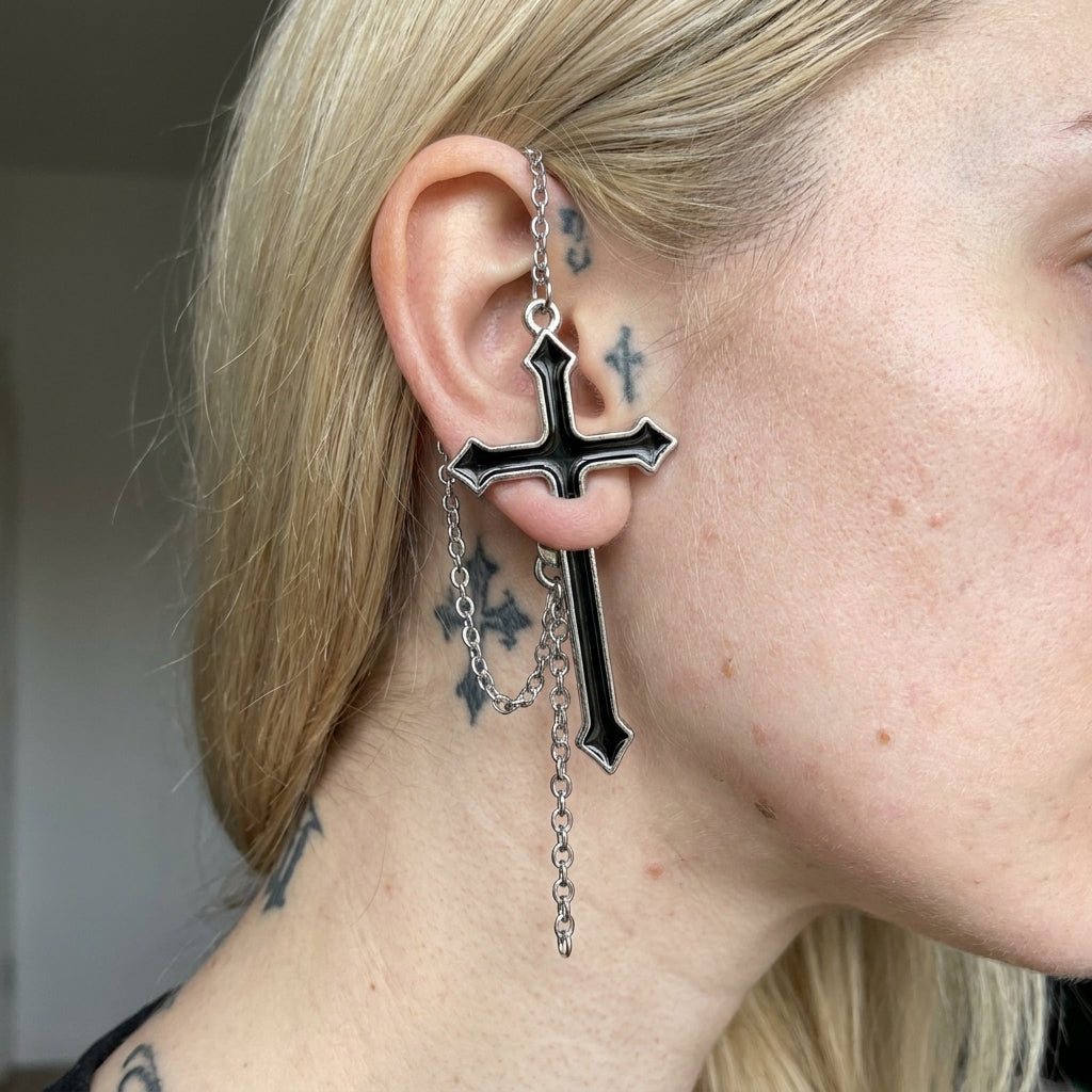 Black Enamel Cross & Dagger Chain Earring