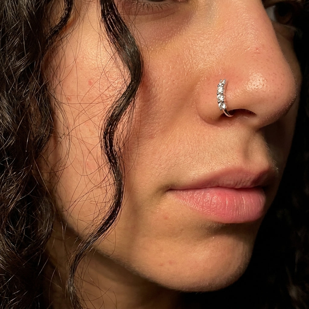 Five Crystal Open Band Nose Ring Silver