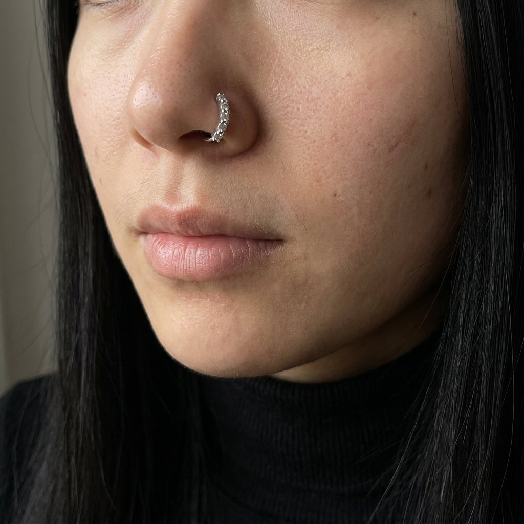 Five Crystal Open Band Nose Ring Silver