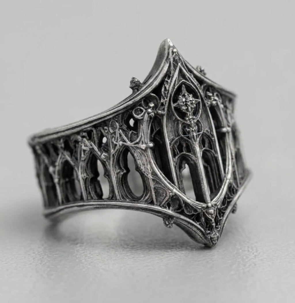 Gothic Arched Filigree Oxidised Silver Statement Ring
