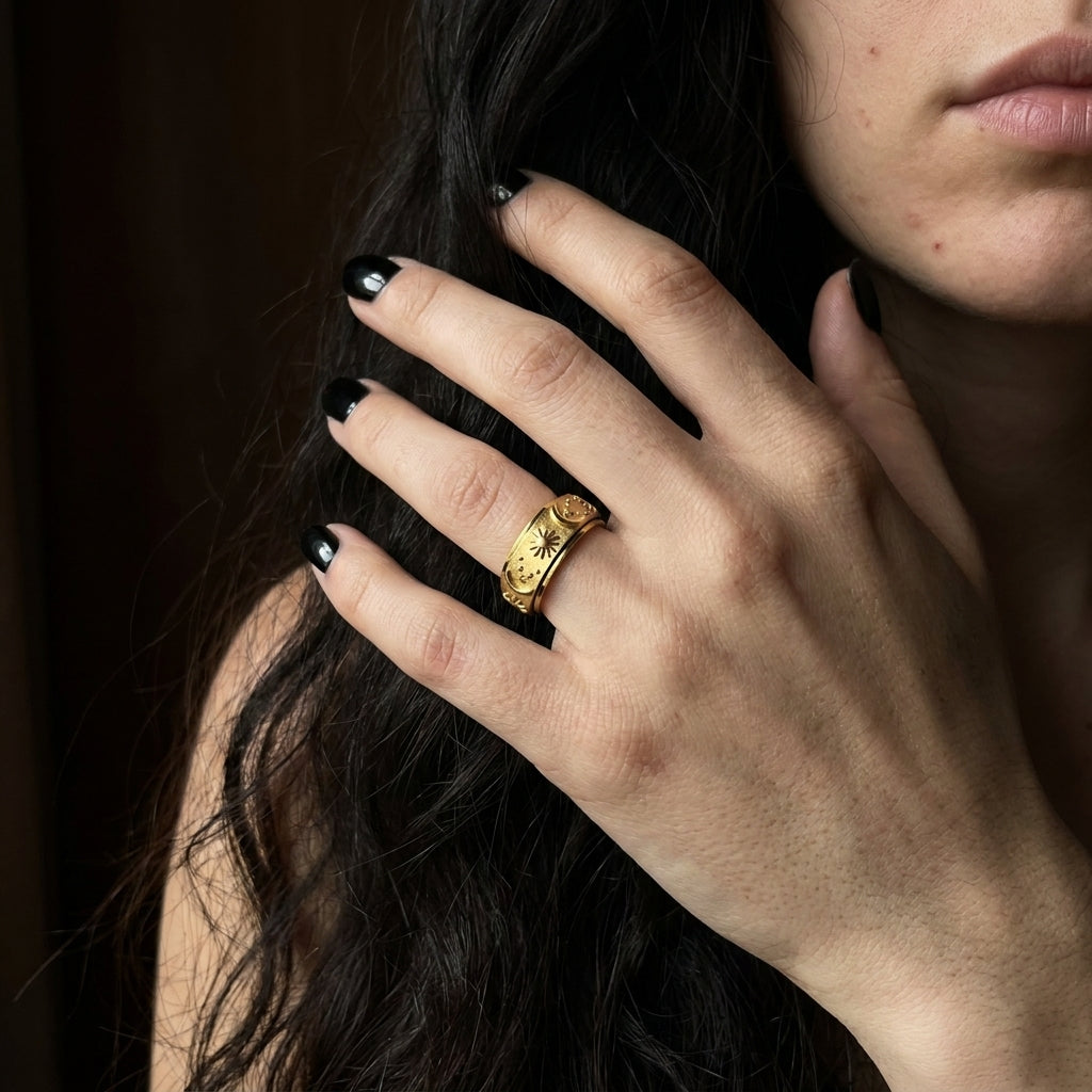 Celestial Sun & Moon Spinner Ring Gold
