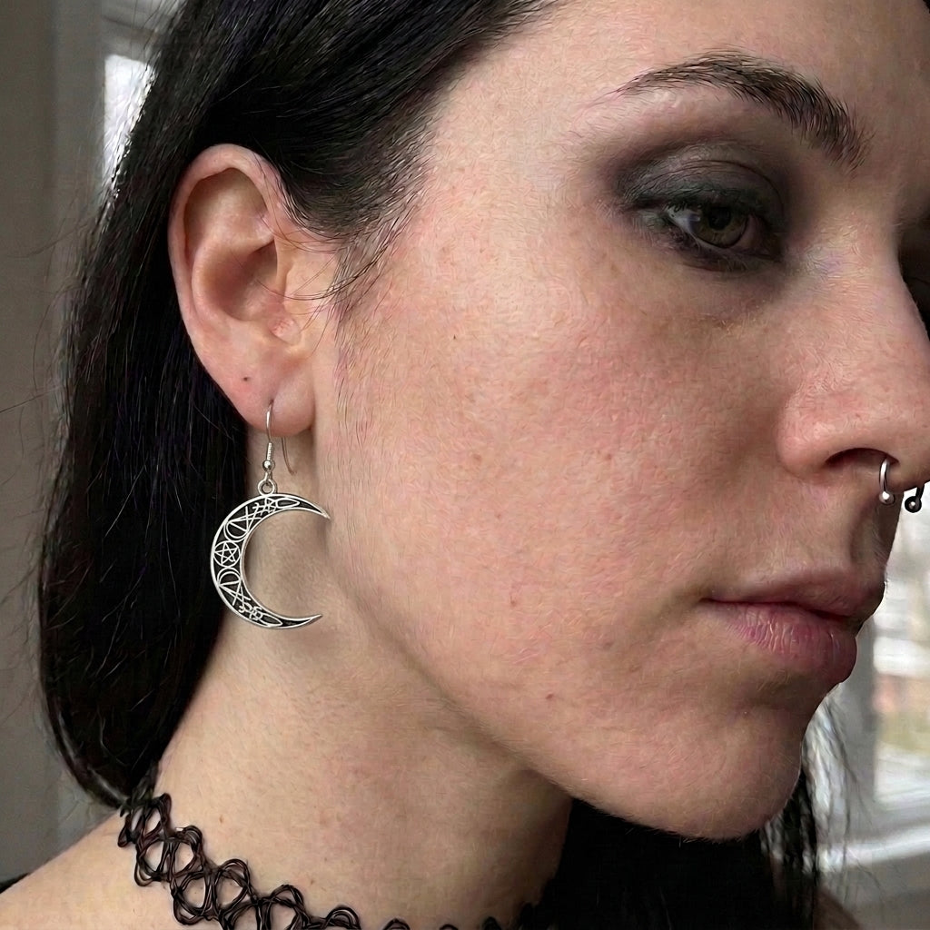 Pagan Crescent Moon Pentagram Earrings