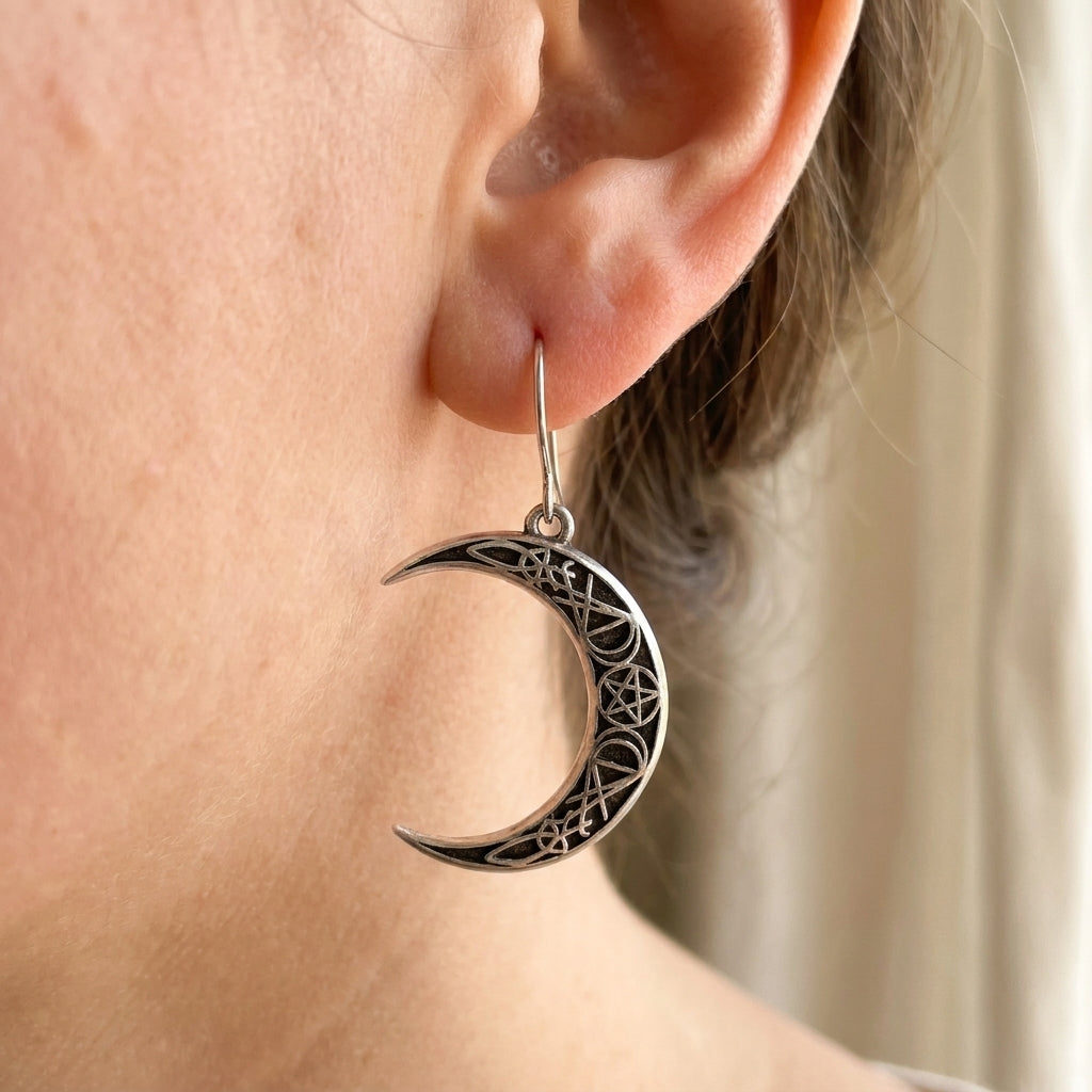 Pagan Crescent Moon Pentagram Earrings