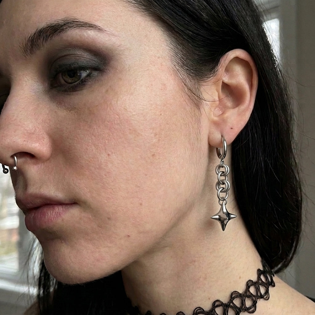 Four Point Spiked Orb Chainmail Hoop Earrings