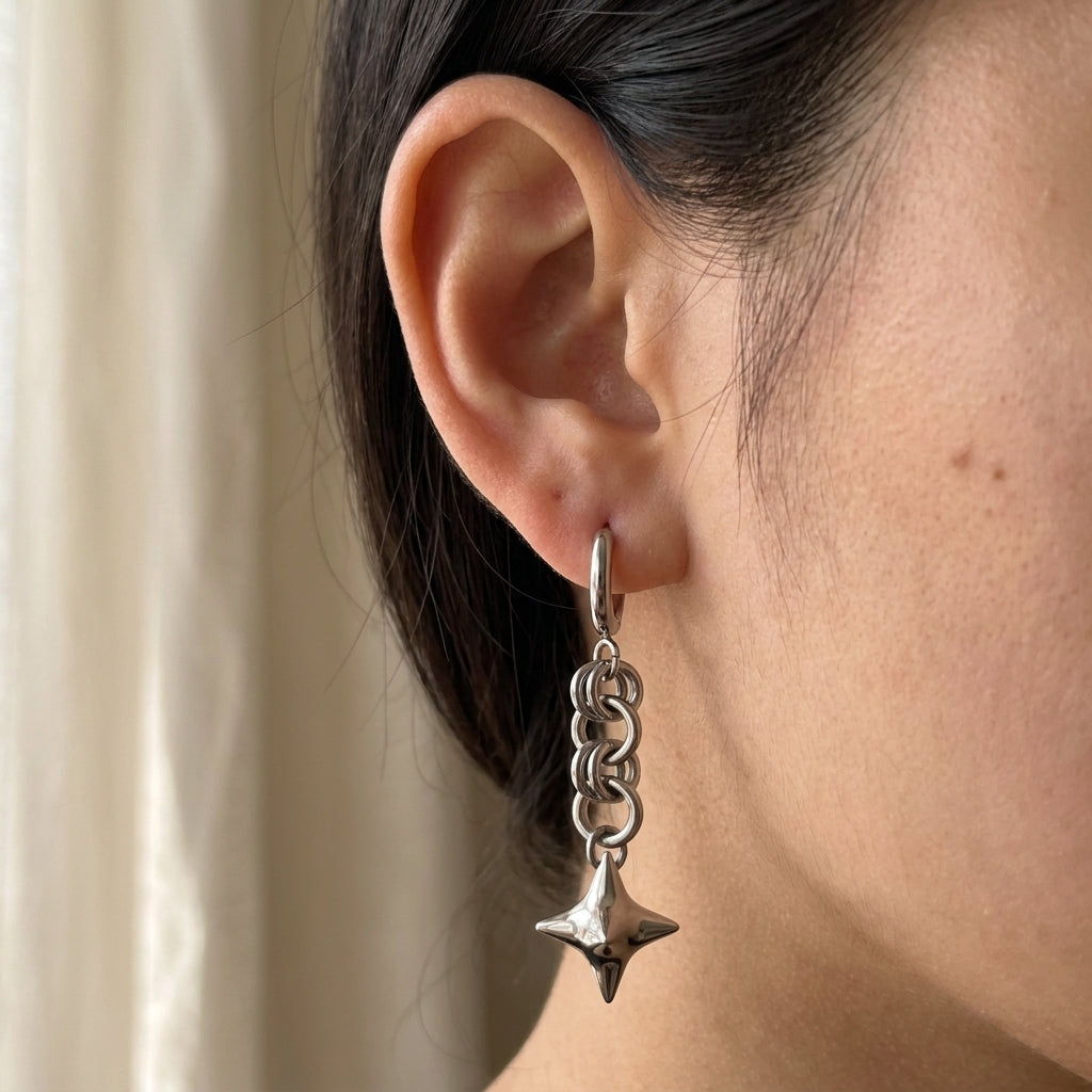 Four Point Spiked Orb Chainmail Hoop Earrings