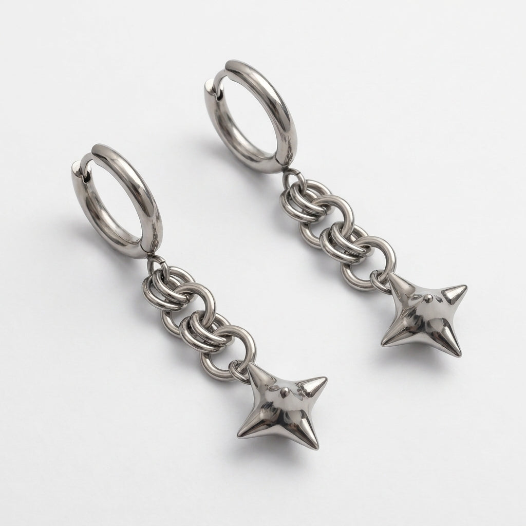 Four Point Spiked Orb Chainmail Hoop Earrings