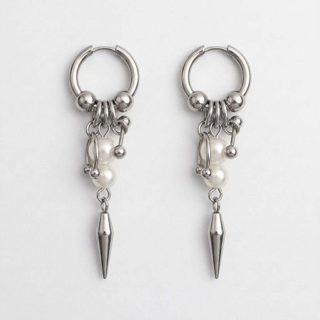 Pearl Cluster Horseshoe Spike Charm Hoop Earrings