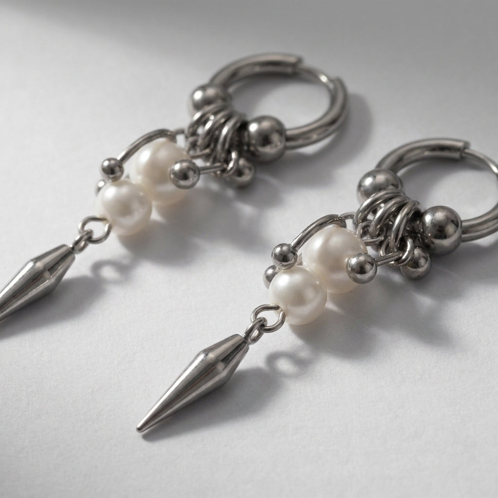 Pearl Cluster Horseshoe Spike Charm Hoop Earrings