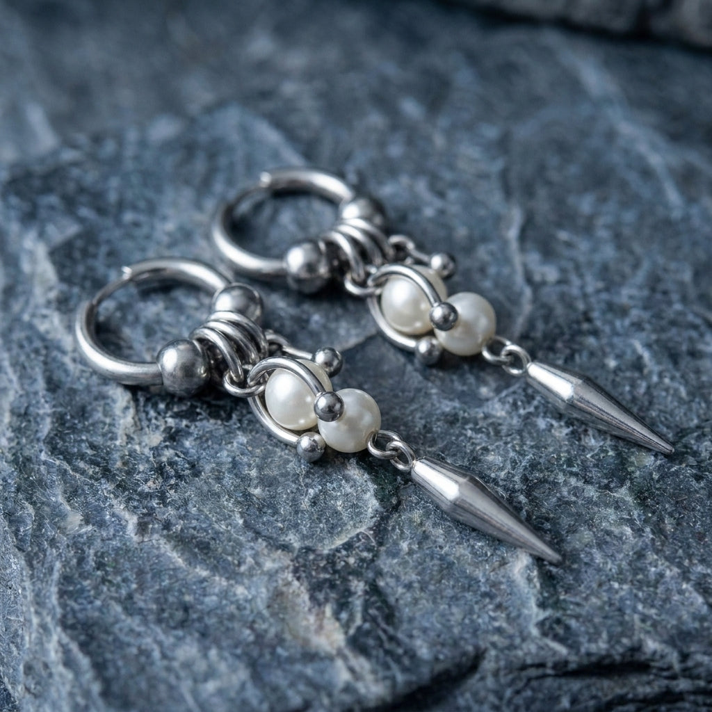 Pearl Cluster Horseshoe Spike Charm Hoop Earrings