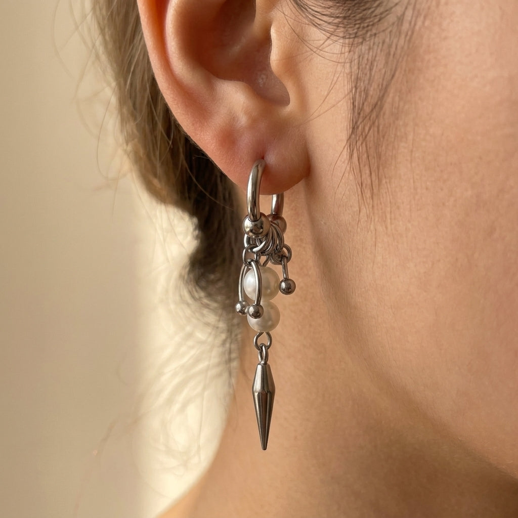 Pearl Cluster Horseshoe Spike Charm Hoop Earrings