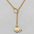 Gold Heart Padlock Ring Lariat Curb Chain Necklace