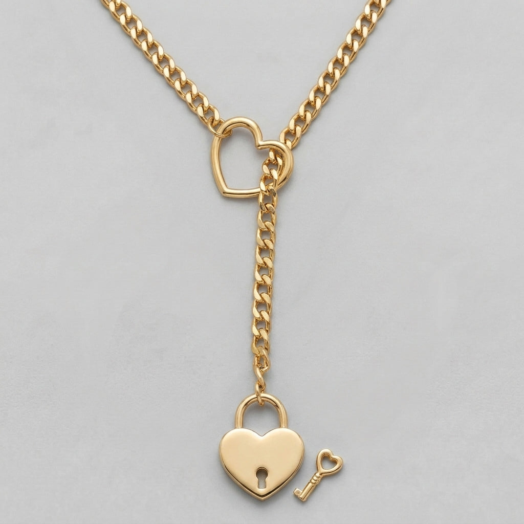 Gold Heart Padlock Ring Lariat Curb Chain Necklace