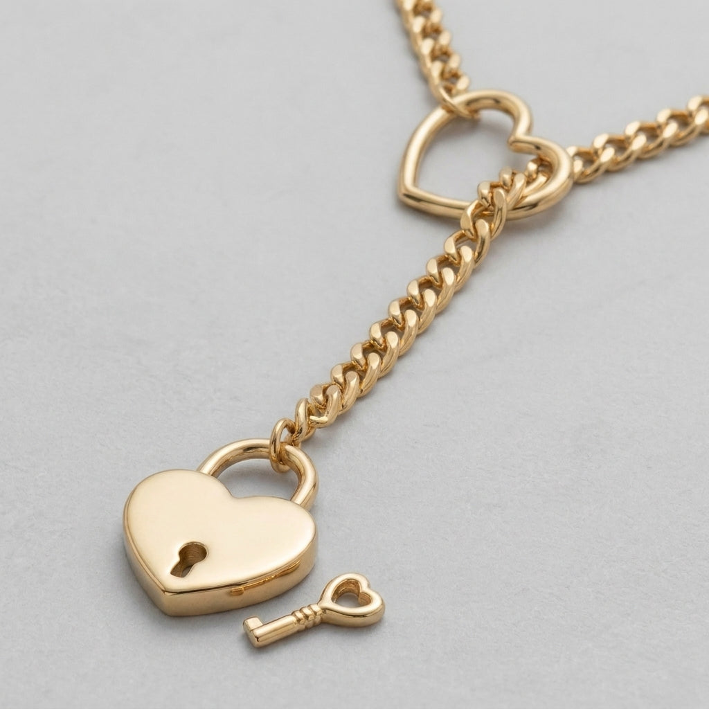 Gold Heart Padlock Ring Lariat Curb Chain Necklace
