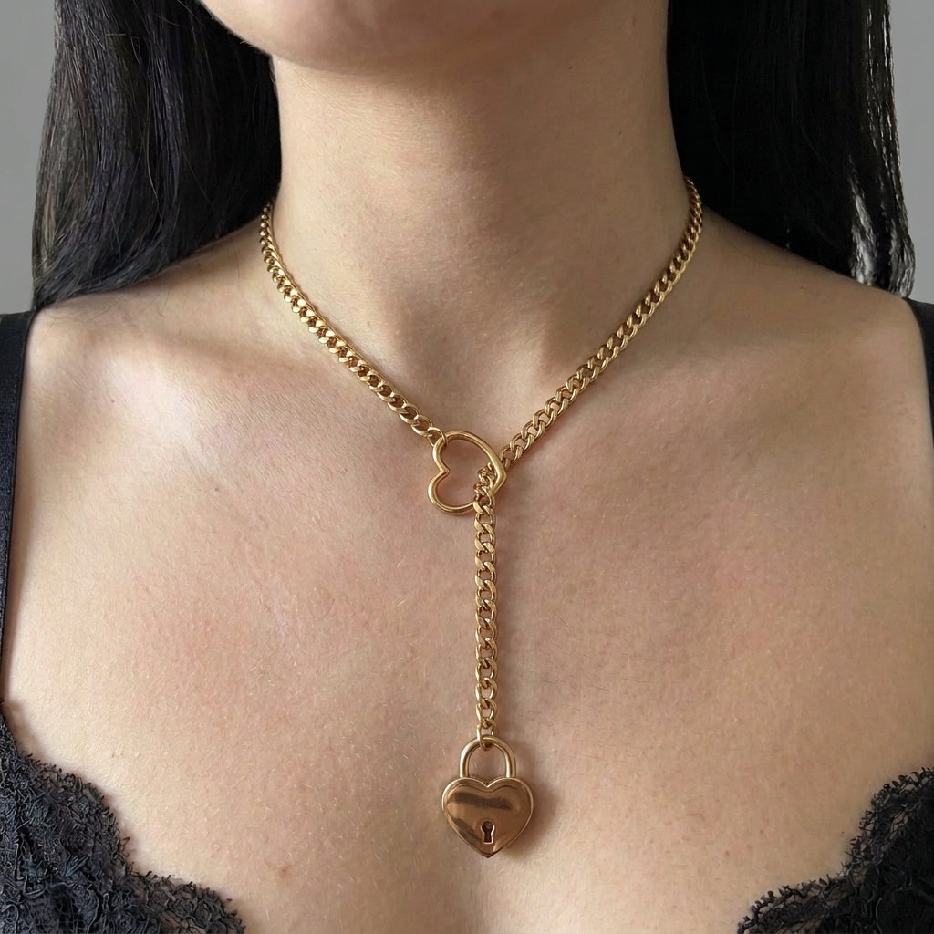 Gold Heart Padlock Ring Lariat Curb Chain Necklace