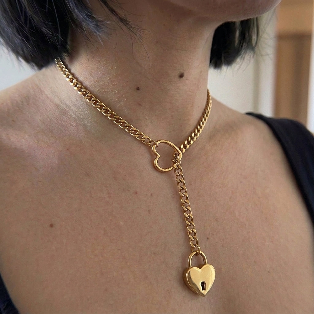Gold Heart Padlock Ring Lariat Curb Chain Necklace