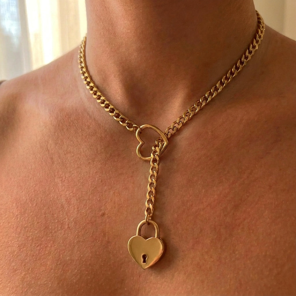 Gold Heart Padlock Ring Lariat Curb Chain Necklace