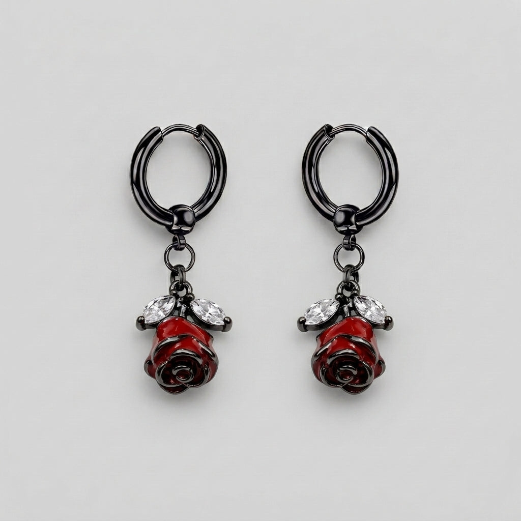 Blood Red Rose Stem Hoop Earrings
