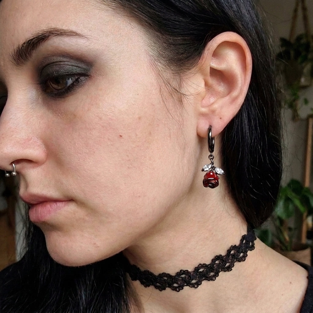 Blood Red Rose Stem Hoop Earrings