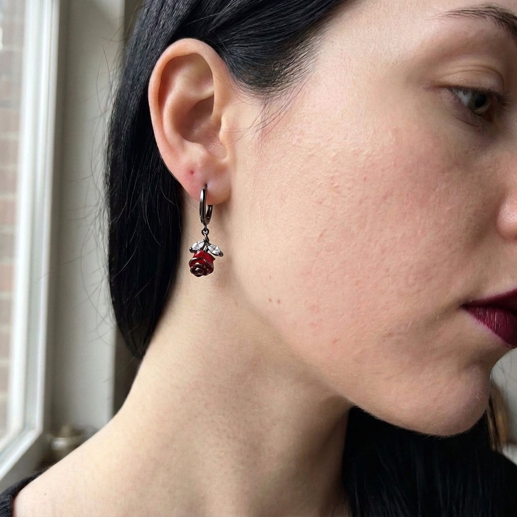 Blood Red Rose Stem Hoop Earrings
