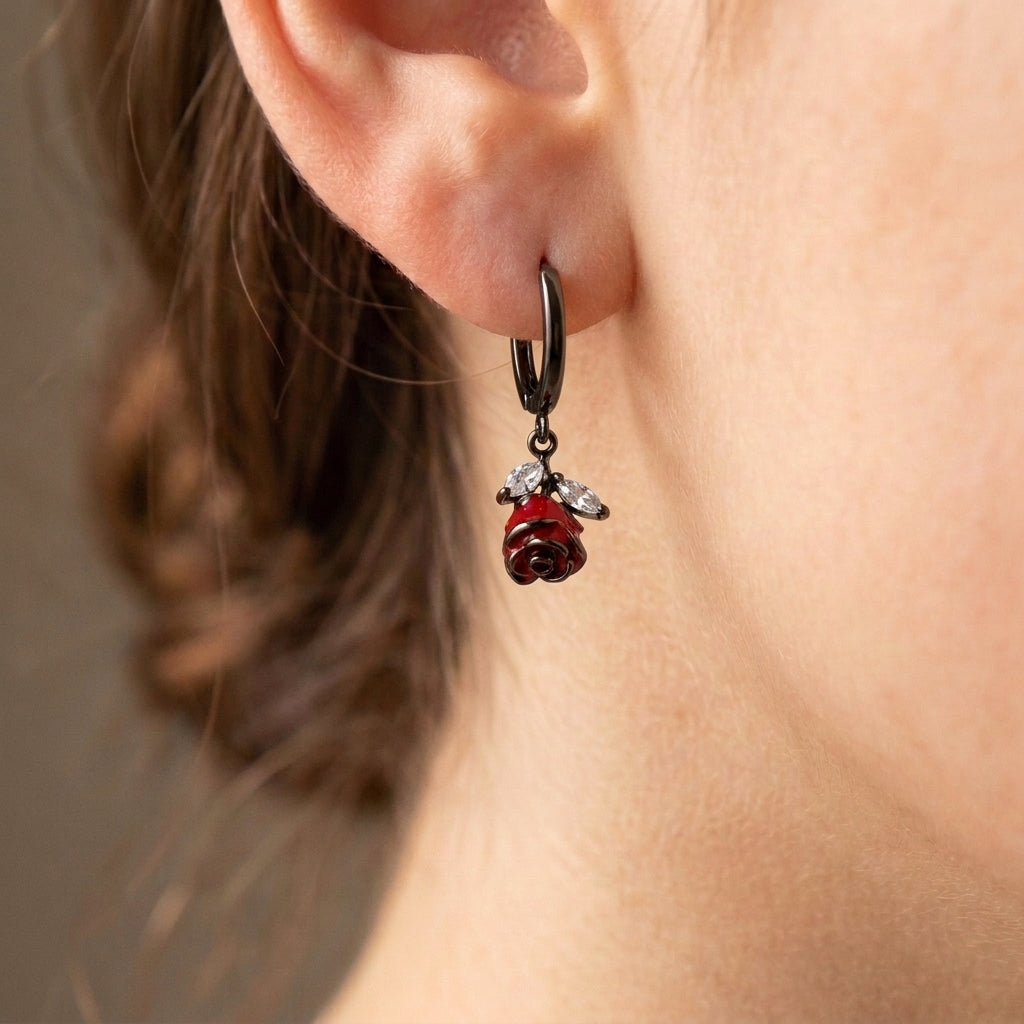 Blood Red Rose Stem Hoop Earrings