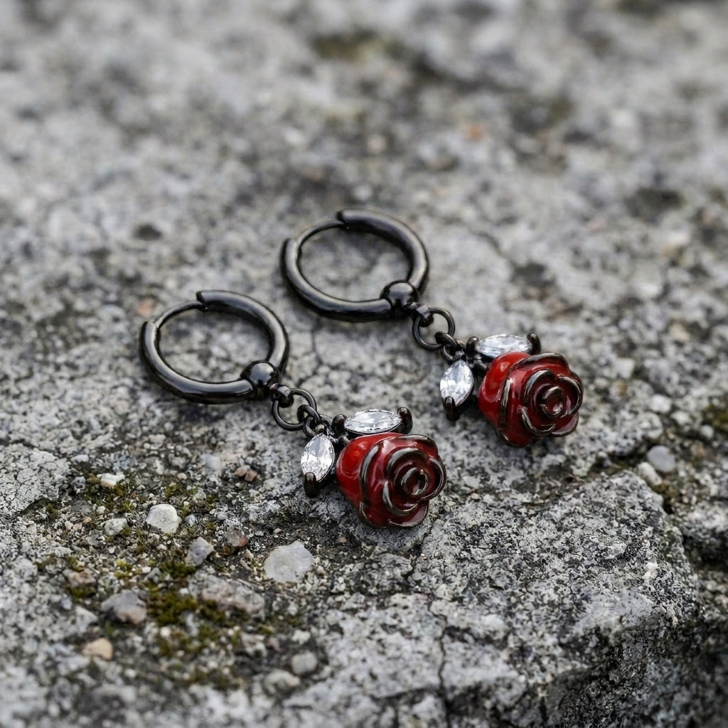 Blood Red Rose Stem Hoop Earrings