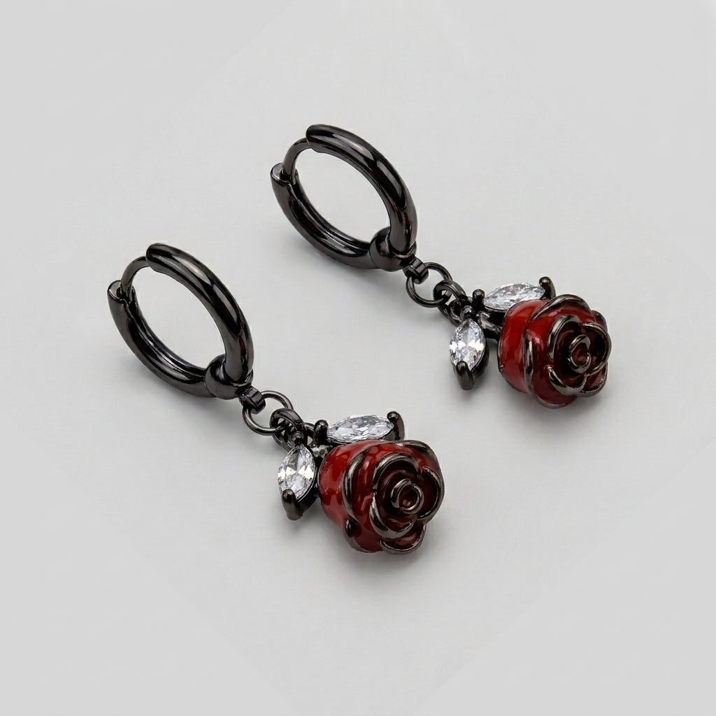 Blood Red Rose Stem Hoop Earrings