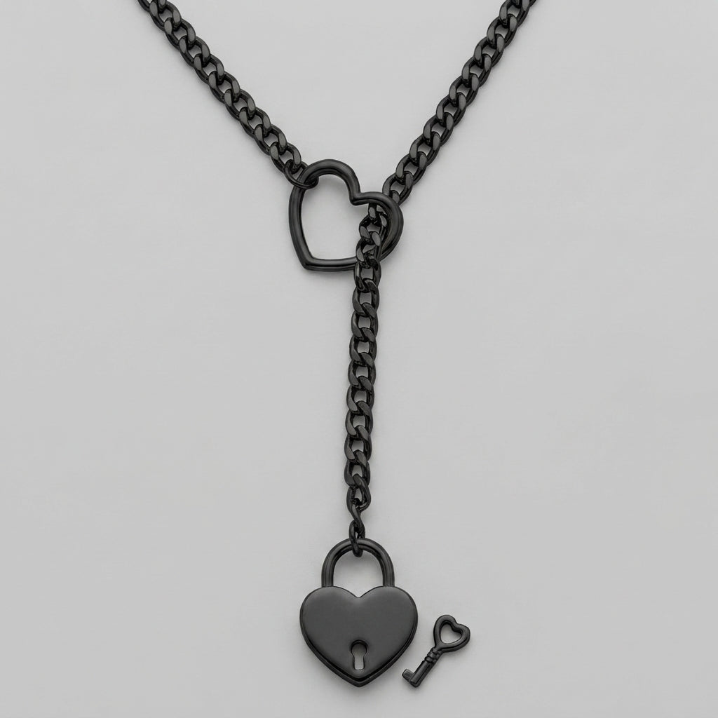 Black Heart Padlock Ring Lariat Curb Chain Necklace