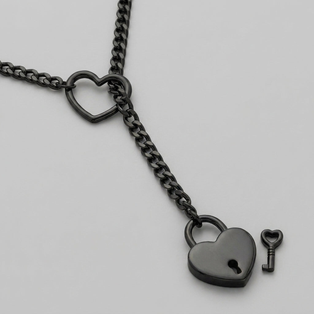 Black Heart Padlock Ring Lariat Curb Chain Necklace