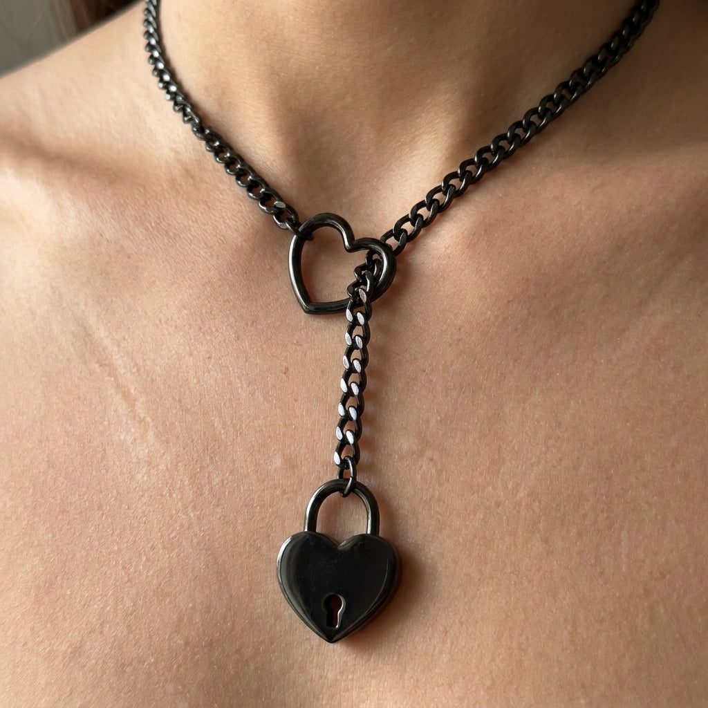 Black Heart Padlock Ring Lariat Curb Chain Necklace