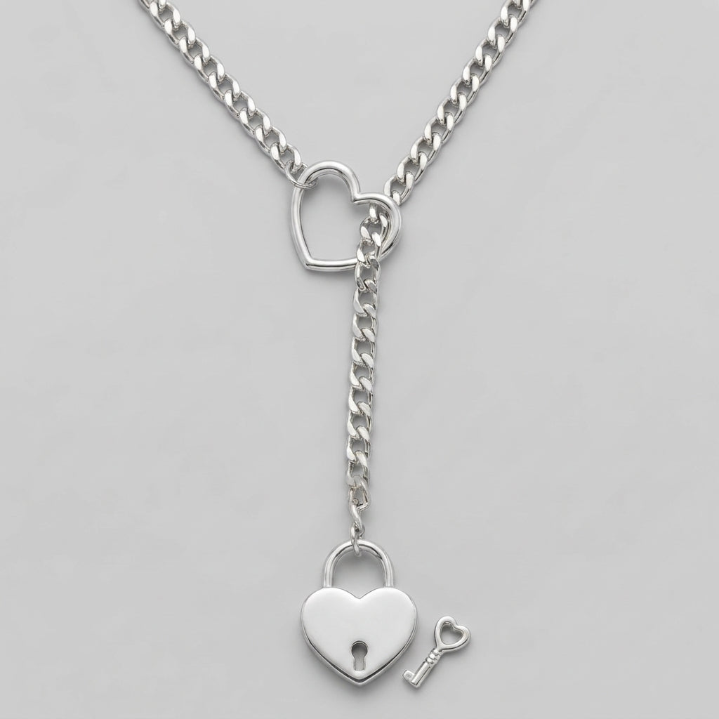 Silberne Lariat-Halskette mit Herzschlossring und Panzerkette