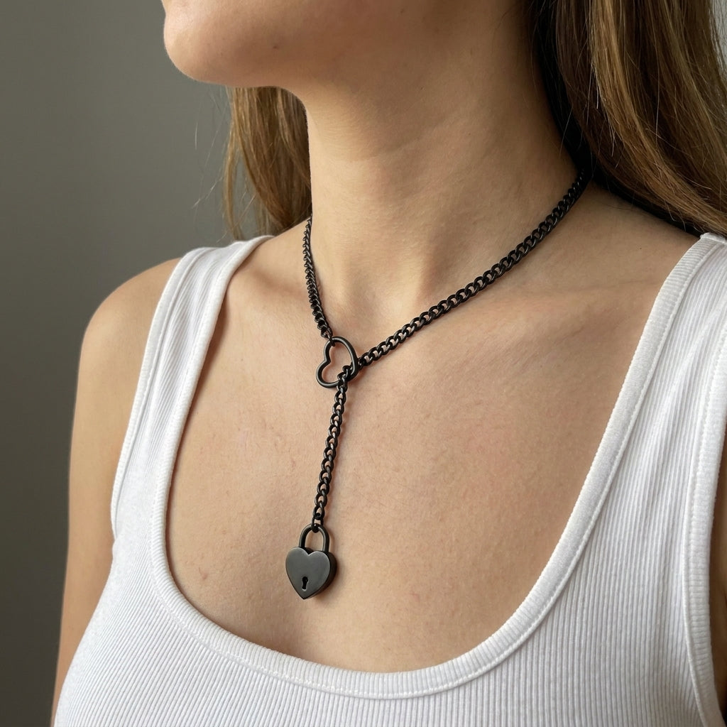 Black Heart Padlock Ring Lariat Curb Chain Necklace