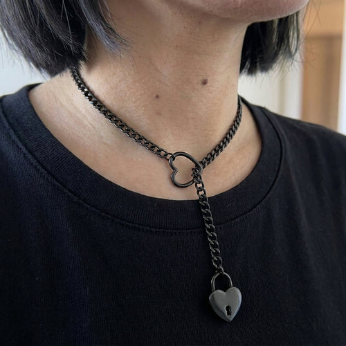 Black Heart Padlock Ring Lariat Curb Chain Necklace