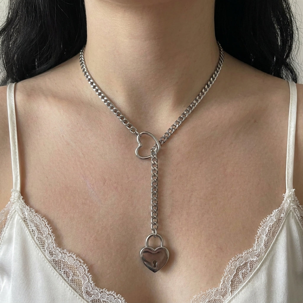 Silver Heart Padlock Ring Lariat Curb Chain Necklace
