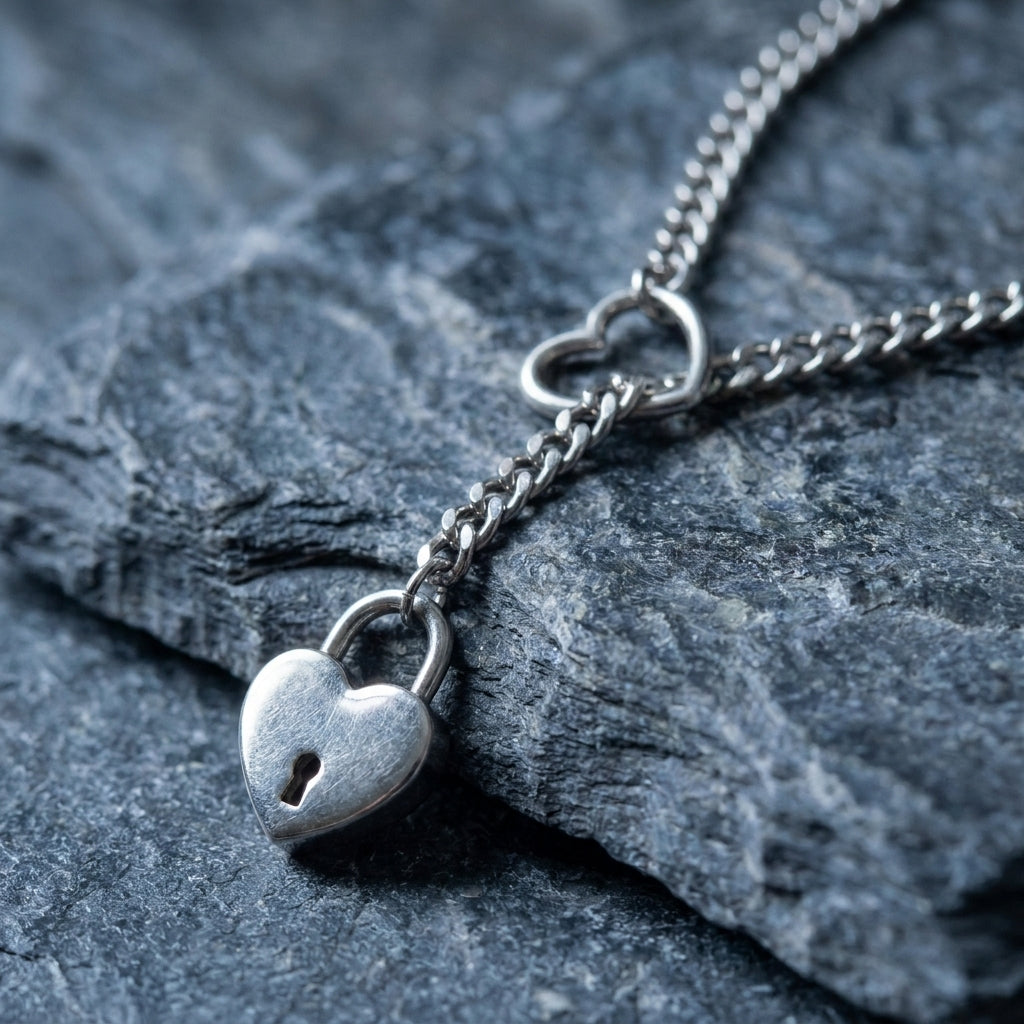 Silver Heart Padlock Ring Lariat Curb Chain Necklace