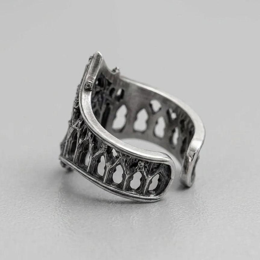 Gothic Arched Filigree Oxidised Silver Statement Ring