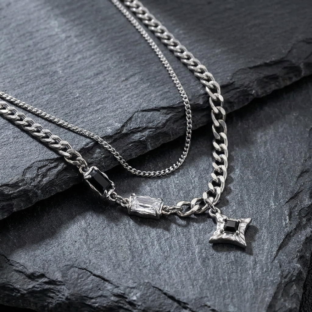 Double Layer Crystal Baguette & Star Charm Necklace