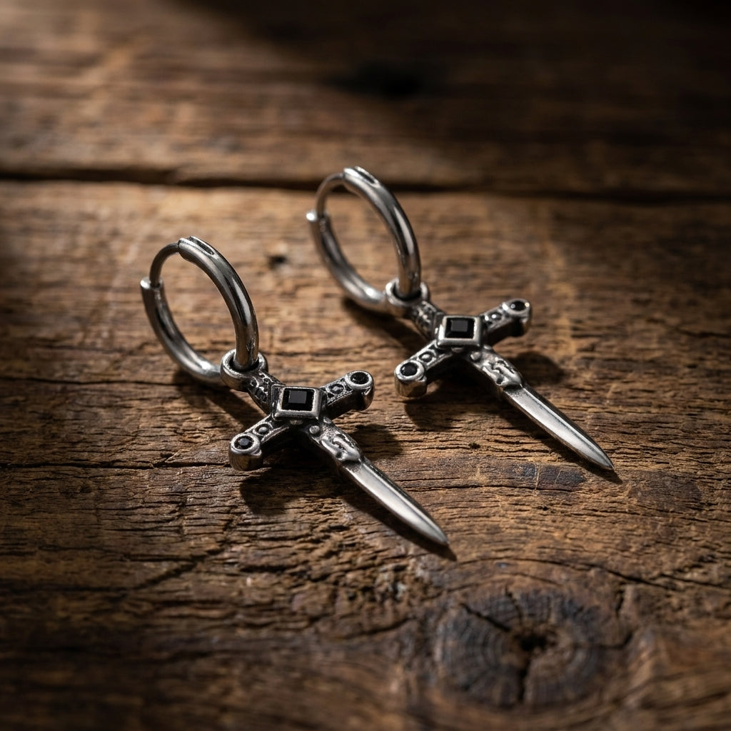 Veilborn Sanctum Dagger Drop Hoop Earrings