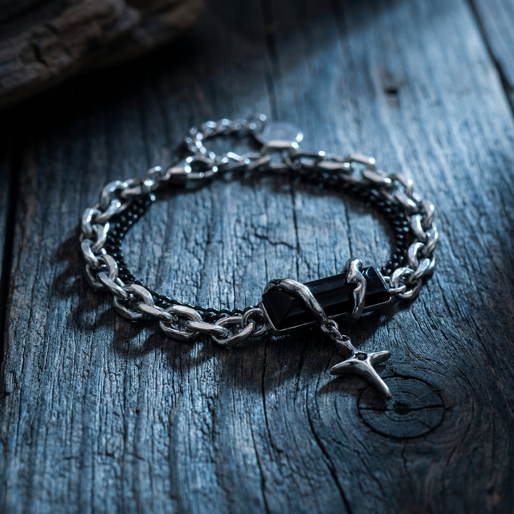 Obsidian Shard Star Charm Dual-Chain Bracelet