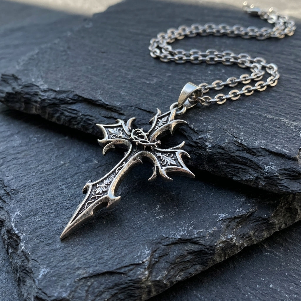 Spiked Floral Gothic Cross Pendant Necklace