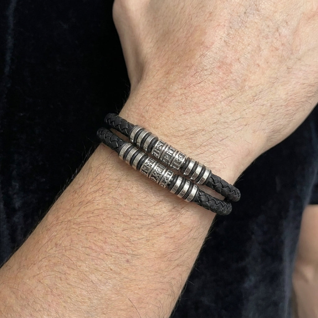 Runic Bead Double Leather Bracelet