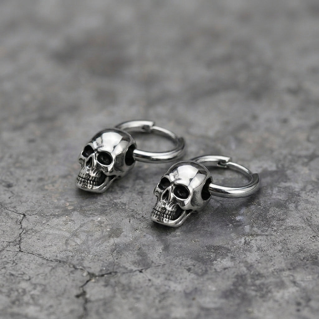 3D Skull Drop Huggie Hoop Earrings