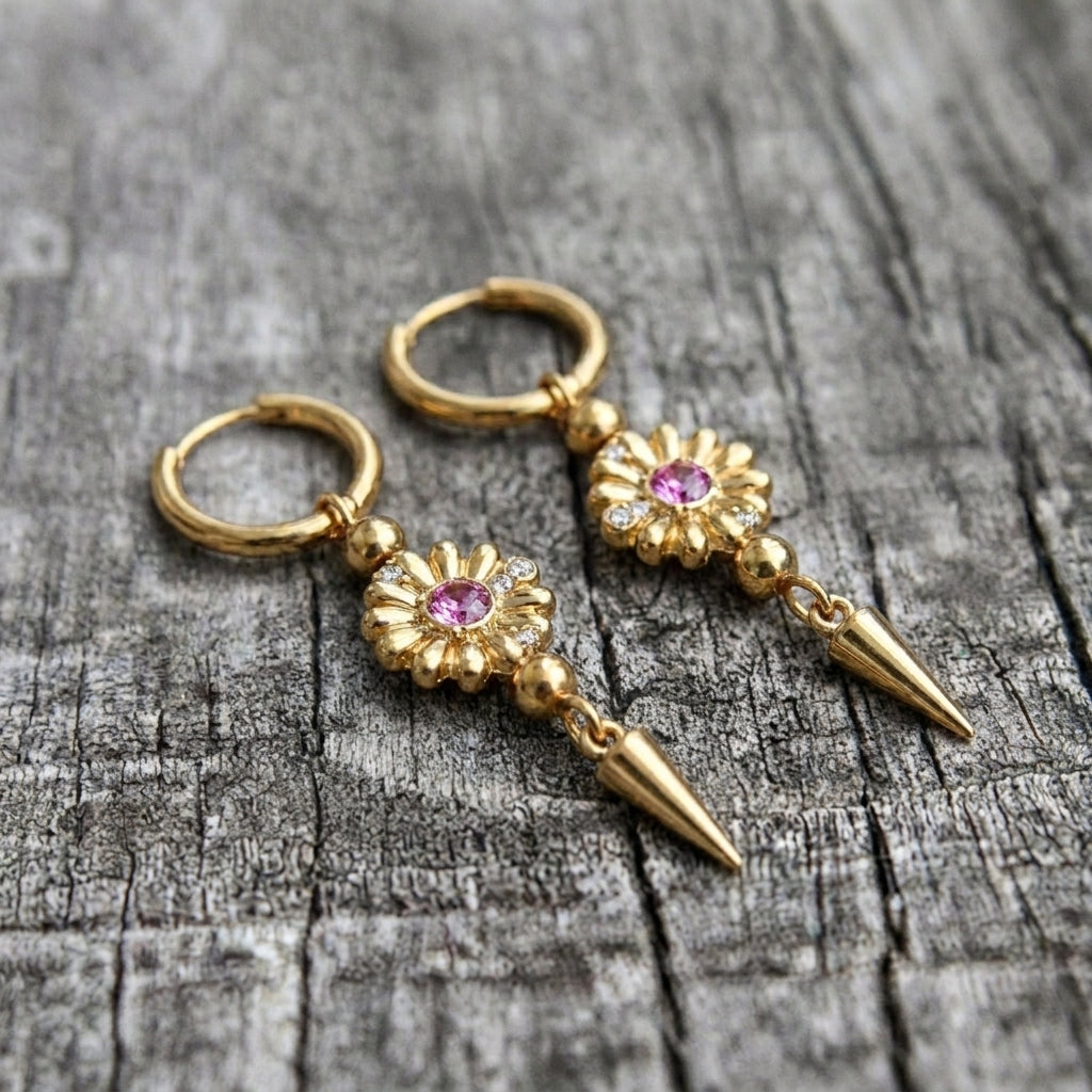 Gold Pink Crystal Daisy Spike Drop Hoop Earrings