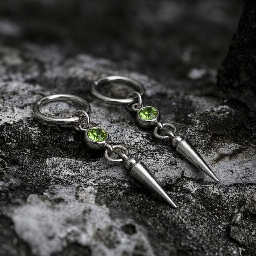 Peridot Green Crystal Bezel Spike Drop Hoop Earrings