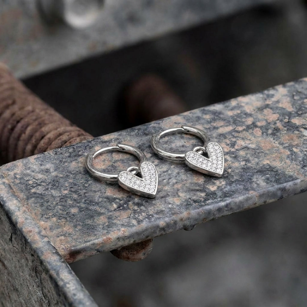 Silver Pavé Heart Charm Huggie Hoop Earrings