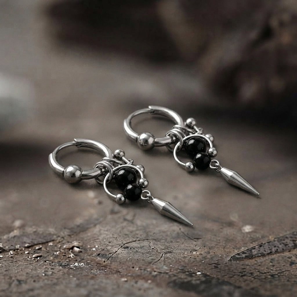 Black Onyx Bead Horseshoe Spike Charm Hoop Earrings