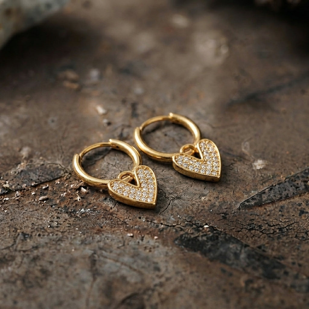Gold Pavé Heart Charm Huggie Hoop Earrings