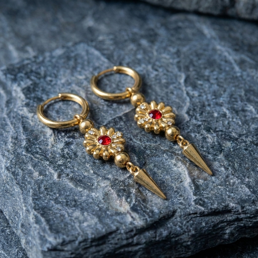 Gold Blood Red Crystal Daisy Spike Drop Hoop Earrings