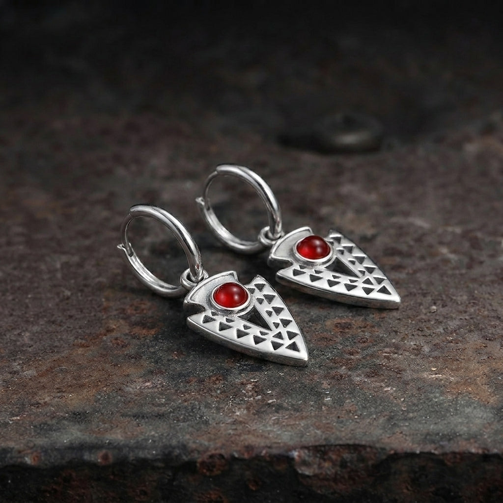 Garnet Red Arrowhead Tribal Hoop Drop Earrings