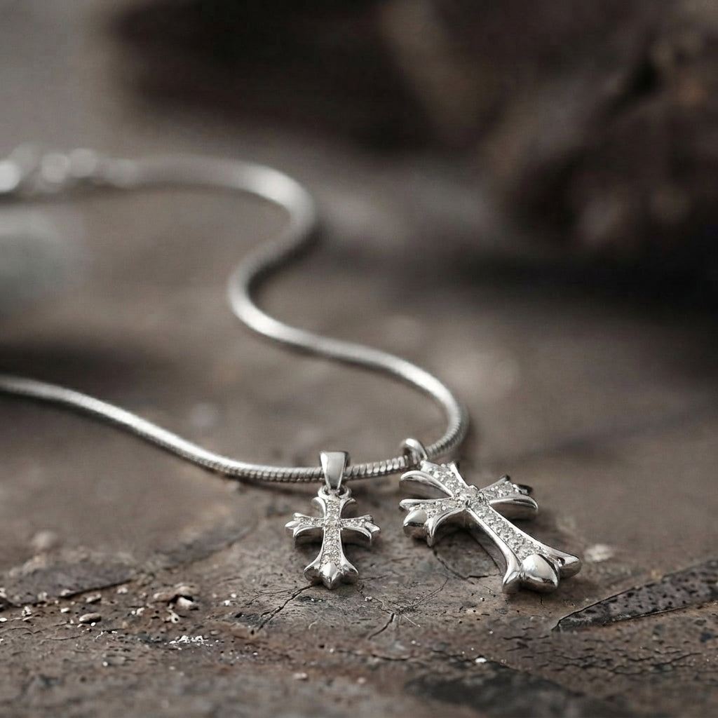 Silver Pavé Twin Gothic Cross Snake Chain Necklace